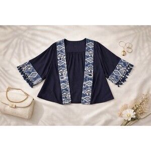 W5 Geometric Kimono Jacket | Navy Blue Fringe Trim | Women’s fits Small to Large